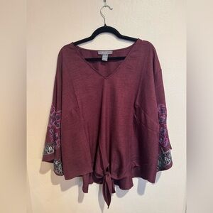 Boho Flowy Olivia & Martin Embroidered Tie-Front V-Neck Blouse in Burgundy